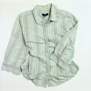 Karen Scott Button Down Blouse Striped Retro Vintage Top Collar Neutral Funky
